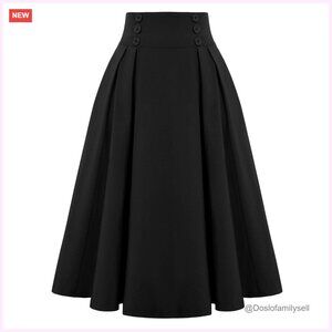 Vintage High Waist Pleated Midi A-Line Skirt with Pockets Elastic Waist